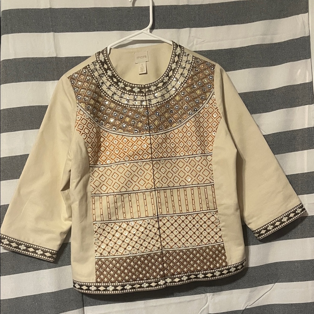 Chico's Cream and Brown Patterned Blazer